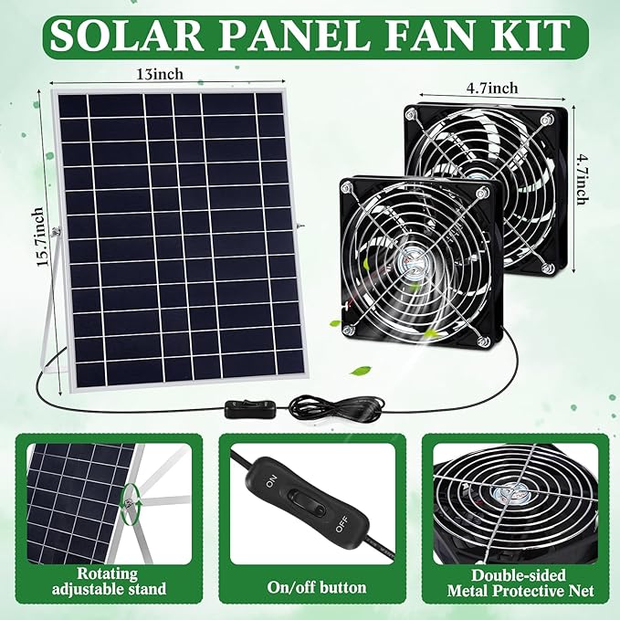 20w Solar Powered Fan Kit for Chicken Coop IP67 Waterproof Dual Solar Greenhouse Fan 3500 RPM High Speed Exhaust Fan with 10ft Cable for Shed Pet House Window Outside Inside(1 Set)