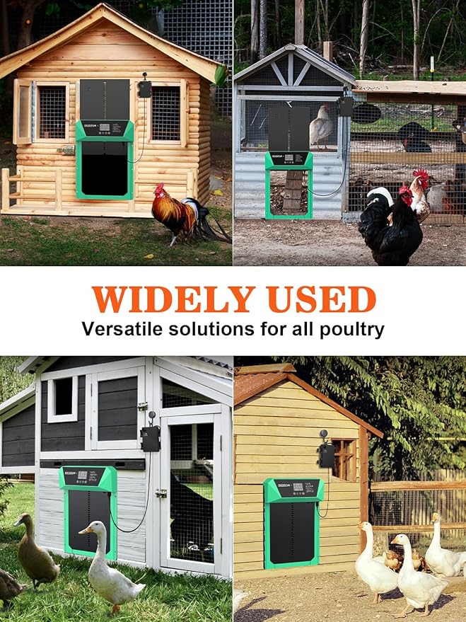 Automatic Chicken Coop Door, Aluminum Automatic Chicken Door with Anti-Pinch Feature, Timer and LCD Display (New-Green)