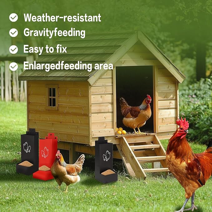 Chicken Gritr and Oyster Shell Feeder Hanging Metal Chicken Feeder for Hens or Chicks Chicken Coop Accessory Gravity-Fed Anti-Waste Design (Red and Black)