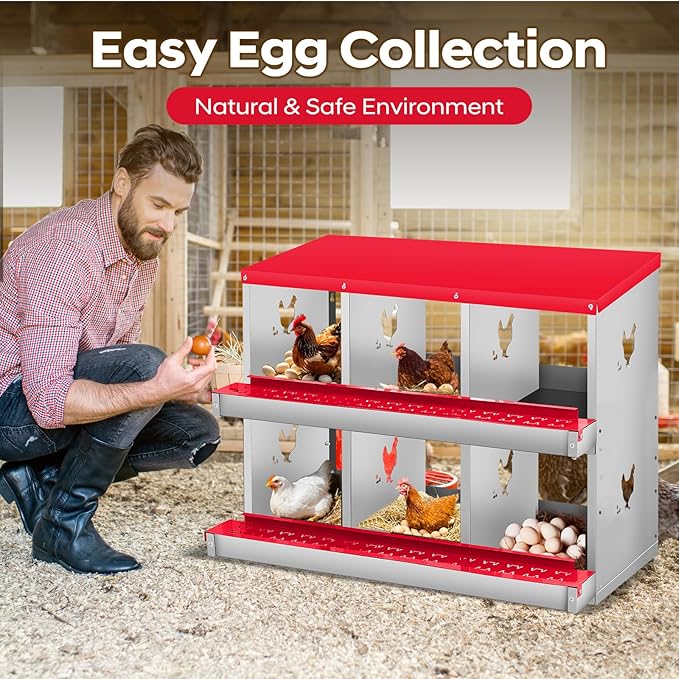 Garvee 6 Compartment Chicken Nesting Box, 2 Layer Wall Mount/Free Standing Poultry Nest for Chickens, Hens, Ducks, Metal Chicken Laying Boxes with Perch, Secure Lid, Vented Holes, Red