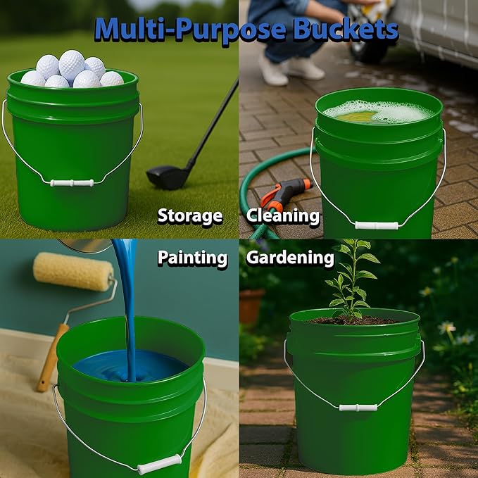 5-Gallon Bucket with Airtight Lid – Made in USA, Food Grade BPA Free Plastic, Heavy Duty Multi-Use, Metal Handle with Grip, Stackable Storage – Green, 6 Pack
