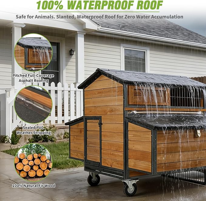 Extra Large Mobile Chicken Coop with Run, Portable Chicken Tractor with Wheels, 76.7" L Hen House Poultry Cage with All-Around Iron Frame, Metal Sliding Tray, 6 Nesting Boxes for 6-8 Chickens