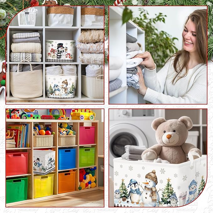 CHENGU 6 Pack Winter Storage Basket Collapsible Winter Basket for Gifts Buffalo Plaid Holiday Decor Large Snowman Bin Foldable Tree Box with Handle for Bedroom Office Home