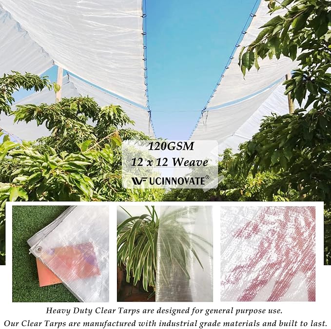 10 x 13 Ft Clear Tarps Heavy Duty Waterproof, 14 mil Thick Translucent Greenhouse Tarp with Grommets, Clear Plastic Tarp Cover for Garden Patio Lawn Plants Boat or Pet Hutch Roof