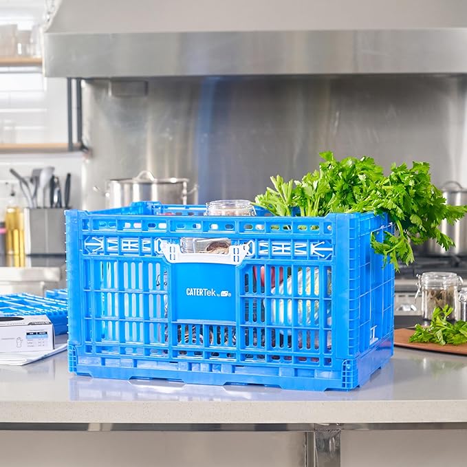 Restaurantware Plastic Milk Crates for Storage - 10 Pack - Cater Tek Stackable Storage Buns for Organizing - Collapsible Storage Basket for Groceries, Home Supplies, Blue