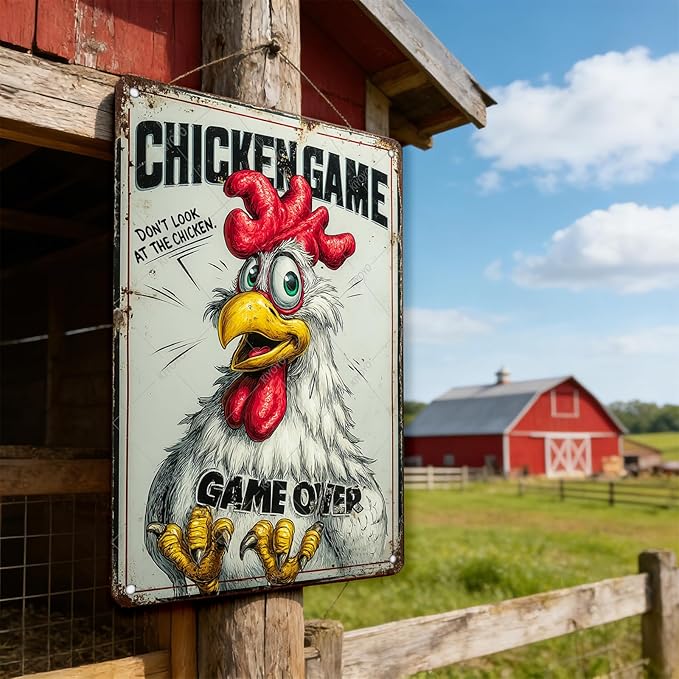 Funny Chicken Game Tin Sign Plaque Metal Poster Home Kitchen Garden Restaurant Farm Wall Decor 16x12 Inch
