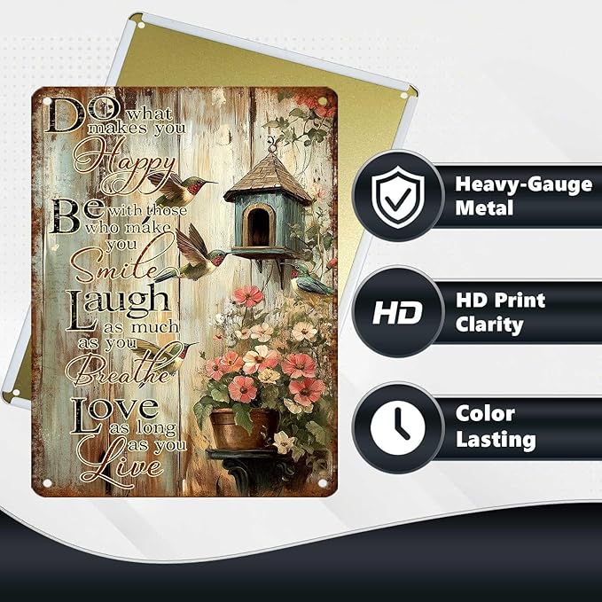 Vintage Garden Tin Sign Do What Makes You Happy Retro Hummingbird Metal Poster Rustic Nostalgic Metal Sign Wall Decor For Home Garden Plaque Yard Living Room Bedroom Cafe Bar 16 * 12 In