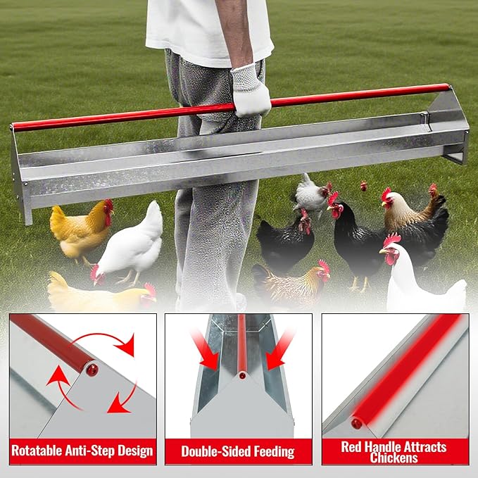 Chicken Feeding Trough 45", Heavy Duty Galvanized Steel Poultry Feeder with Red Crossbar & Drainage Holes, Large Capacity Feeder Trough for Chicken, Duck, Goose, Turkey, Rabbit, Pigeon