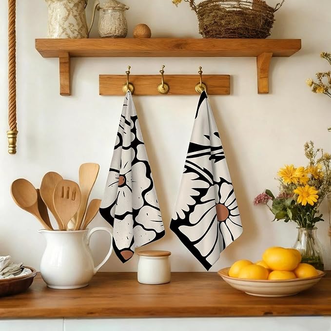 Boho Floral Kitchen Towels Decorative Set of 4, Black Geometric Dish Towel, Beige Decor Hand & Tea Towels for Kitchen Drying, Housewarming Gifts for Women