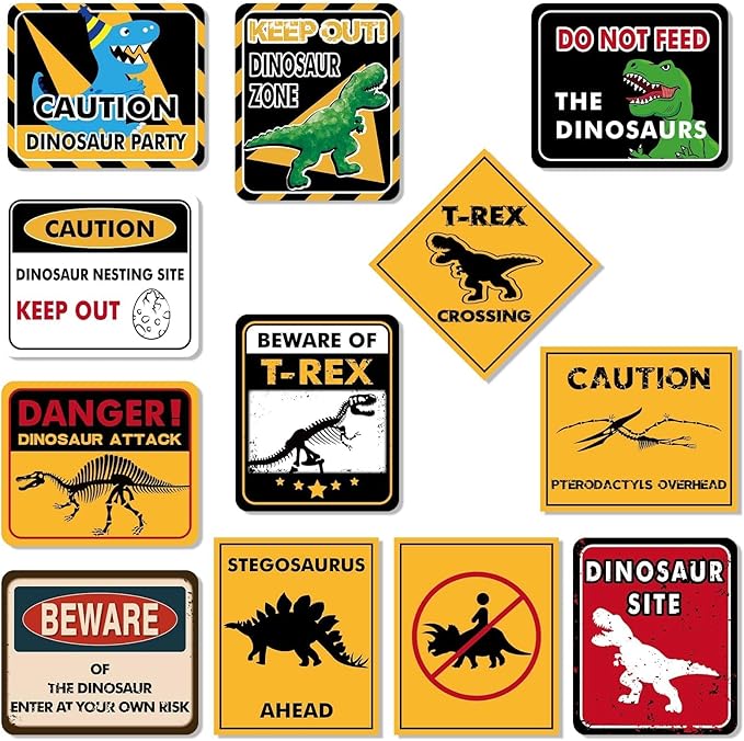 WERNNSAI Dinosaur Birthday Decorations - 12 PCS Dinosaur Party Supplies for Boys Kids Dino Birthday Funny Sign Decor for Jurassic Theme Baby Shower Holiday Party Favors Caution T-Rex Sign Wall Decor
