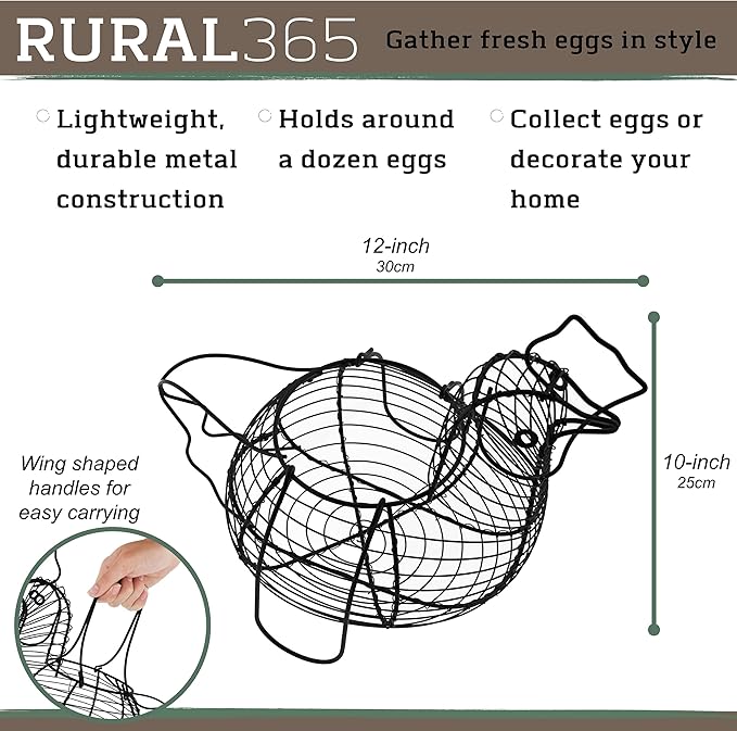 Rural365 Chicken Egg Basket - Chicken Shaped Decorative Black Metal Wire Basket Farm Style Kitchen Egg Collecting Basket