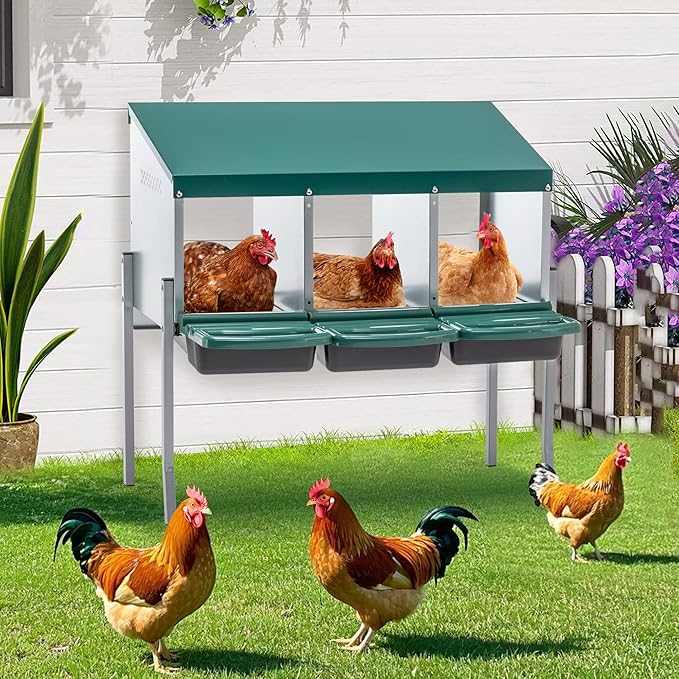 Chicken Nesting Box, 3 Compartment Roll Out Hens Nest Boxes with 4 Legs, Chicken Laying Box w/Lid Cover for Outdoor Chicken Coop Cages Farm Yard, Green (3 Holes w/Legs)