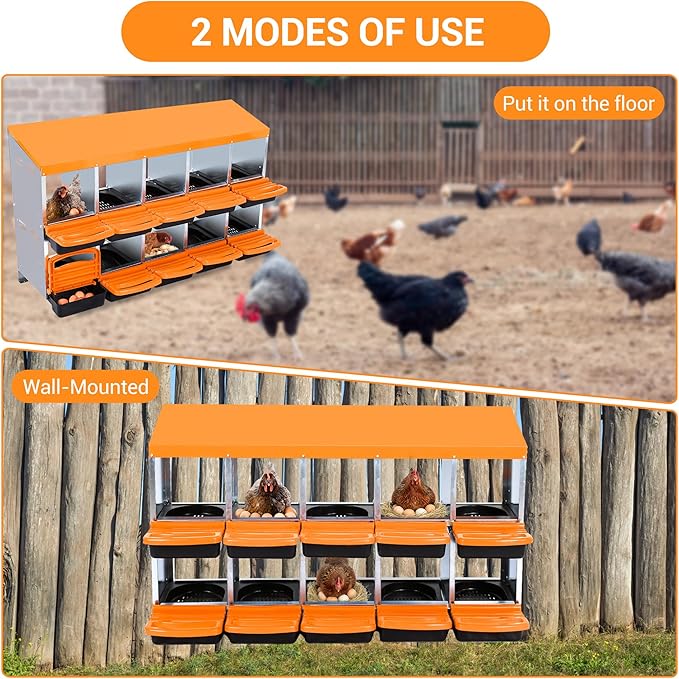 Chicken Nesting Box 10-Hole Roll Away Egg Laying Box with Lid, Galvanized Steel Rustproof Poultry Coop Box, Easy Clean, Wall Mountable No Bracket Needed for Hens, Orange