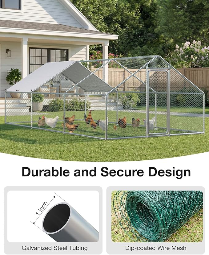 Esright Extra Large Metal Chicken Coop Run for Yard with Cover, 19.5x10x6.4 FT Walk-in Chicken Pen for Outdoor, Backyard, and Farm, Hen Cage House Suitable for 15-20 Chickens, Spire Roof