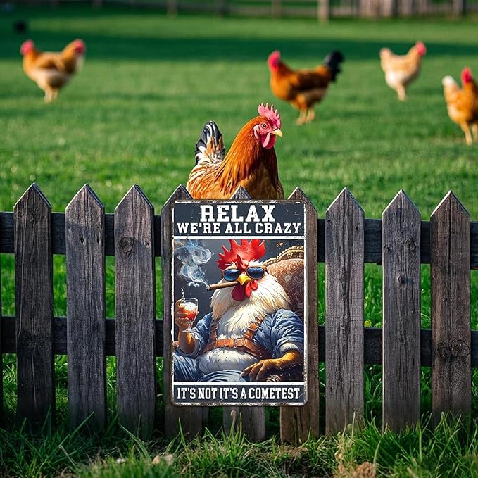 Funny Chicken Signs Relax,We're All Crazy Aluminium Sign Metal Chicken Signs Decor Home Ktichen Farm Are Wall 12x16 Inch Vintage Chicken Signs For Coop Metal Tin Signs Poster