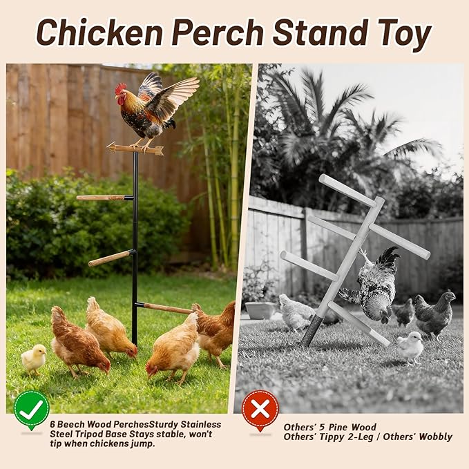 Large Chicken Roosting Bars, Wooden 4-Branch Perch & Outdoor Bird Playground Toy,Chicken Perch for Coop & Backyard,50" H x 16.5" R, 4-Prong Metal Ground Plug,for Small Poultry, Bird & Parrots