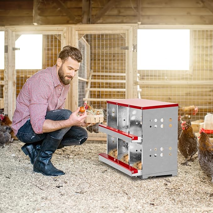 Chicken Nesting Box with Basket,6 Hole Metal Nesting Boxes for Chickens,Large Egg Laying Boxes Chicken Coop Box with Easy Egg Collection,Large Vented Holes, for Chickens, Ducks,Hens 6 Compartment
