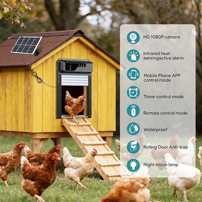 Smart Automatic Coop Door with Camera, WiFi App Control & Timer, Solar Chicken Door Opener, 1080P Night Vision, Anti-Pinch Safety, Real-Time Alerts, Roll-Up Chicken Coop Automatic Door Fits All Coops