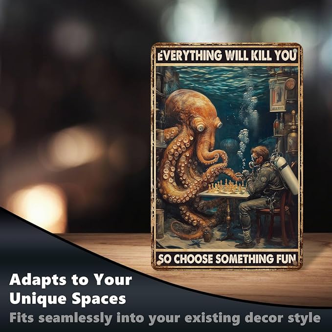 Vintage Octopus Tin Sign Everything Will Kill You So Choose Something Fun Retro Metal Poster Funny Wall Art Cafe Wall Decorations for Home Bar Pub Club Shop Man cave Office 12 * 8 In
