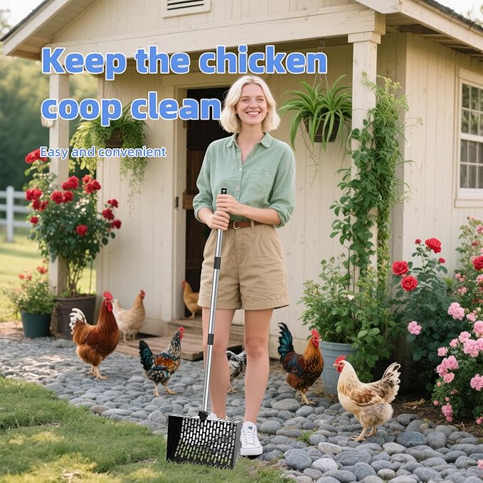 Chicken Poop Scooper & Rake 2-in-1, 4 in 1 Stainless Steel Handle Chicken Coop Pooper Shovel (23 to 62"), Suitable for Animal Sheds, Garbage Shovel with Adjustable Angle, Scooper Sand Sifting Shovel