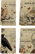 4 Pcs Vintage Halloween Kitchen Towels Tea Towels Decorative Set, 27.5x20 Inch Skeletons Crows Owl Dish Vintage Terror Decoration Hand Towels, Halloween Absorbent Kitchen Dishcloth for Cooking