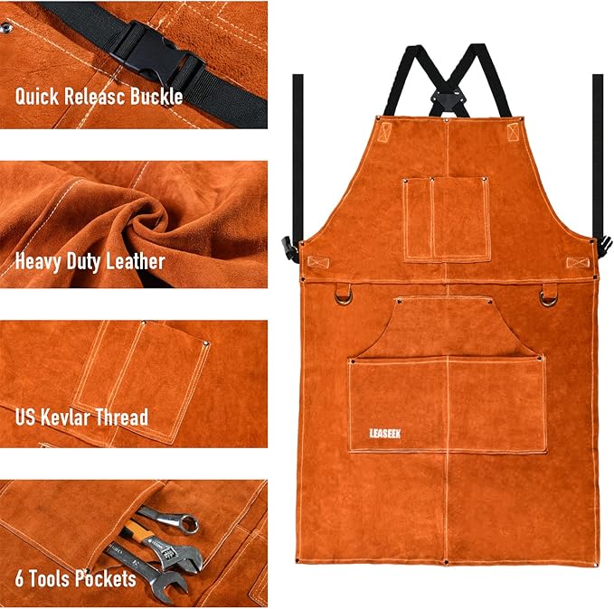 Leather Welding Work Apron - Heat Resistant & Flame Resistant Bib Apron, Flame Retardant Heavy Duty BBQ Apron