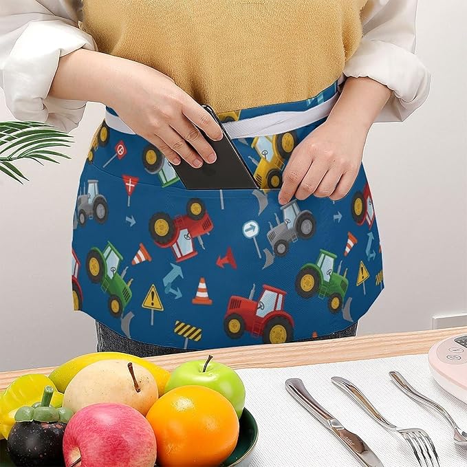 Unisex Chef Waiter Apron Waist Half Short Serving Aprons with 3 Pockets