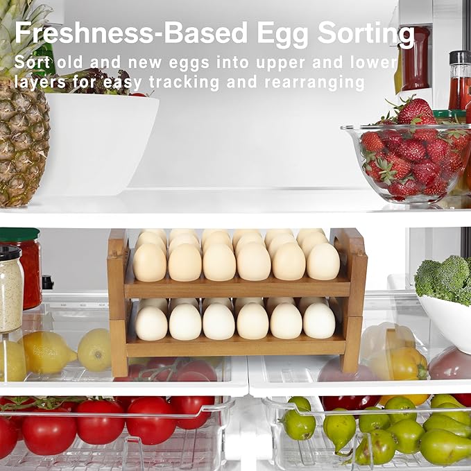 2-Tier Wooden Egg Holder for 36 Eggs, Wooden Egg Holder Countertop with Carry Handle for Chicken, Duck, and Quail Eggs (Stackable)