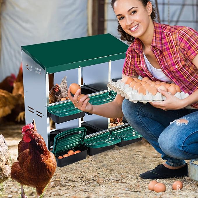Chicken Nesting Boxes 6 Compartments Chicken Laying Boxes Roll Away Egg Collection Metal Poultry Nest Box with Perch and Lid Cover Free Standing Egg Laying Boxes for Hens Chicken