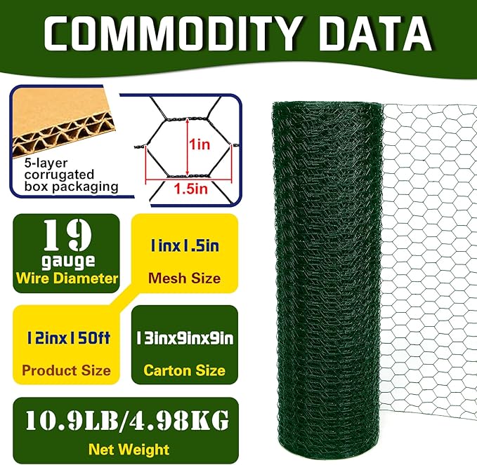 Chicken Wire12inx150ft, Premium Chicken Wire Fencing, Chicken Wire Mesh, Green PVC Coated Metal Wire Fence, Galvanized Poultry Netting Barrier for Floral Arrangements/Craft Projects//Rabbit