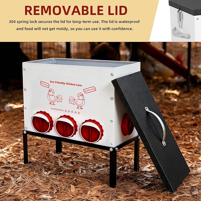 Automatic Chicken Feeder No Waste 50 Pounds 8 Ports Metal Poultry Feeder with Latch & Handle Adjustable Height Heavy-Duty Stand - Outdoor Feeding Station for Chickens, Ducks & Geese(Black-50LB-8Port)