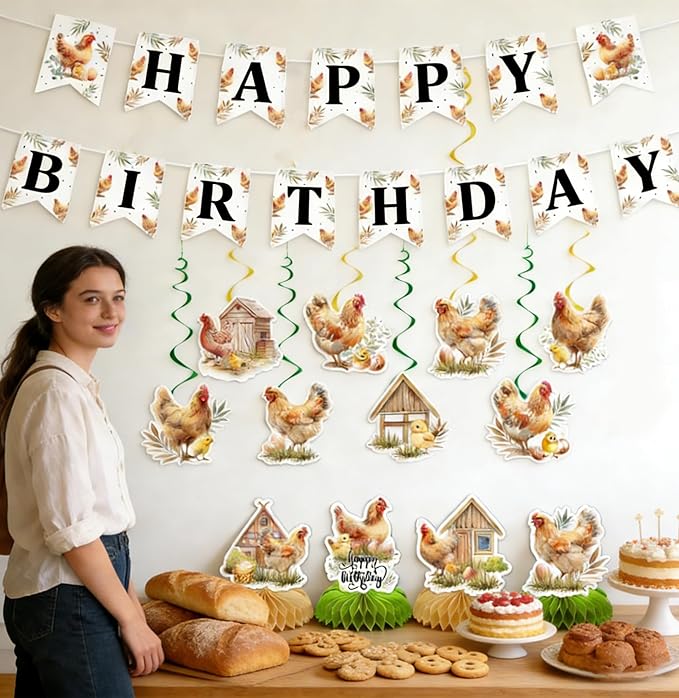 Chicken Birthday Party Decorations - 14 Pcs Happy Cute Banner Hanging Swirls Honeycomb Centerpieces Set Farm Animals Chick Hen Themed Supplies Favors for Kids Boys Girls Wall Ceiling Decor
