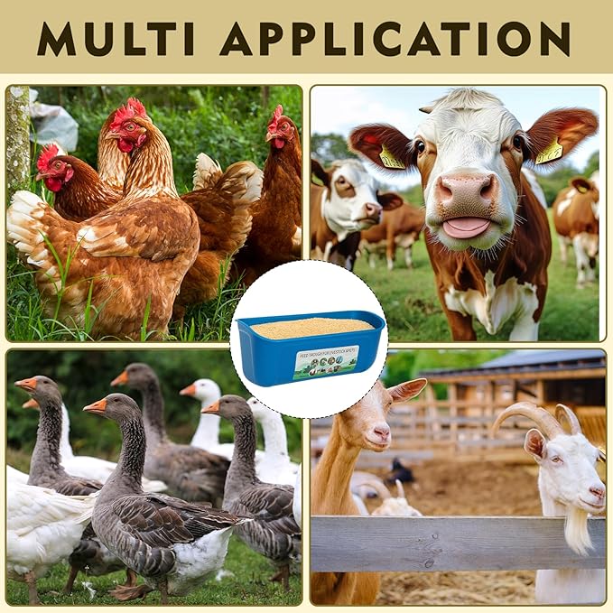 6 Pack Fence Feed Feeder 4.5 Quart Hanging Chicken Feeder Trough with Brush & Scoop Blue Goat Hanging Fence Feeders Feeder with Hooks Screws & Zip Tie for Livestock Feeding Container Goats Supplies