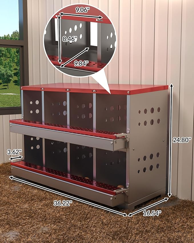 8-Hole Galvanized Metal Chicken Nesting Box with Egg Collection Tray/Fake Training Eggs, Rustproof Poultry Laying Box with Perch Rod,for Chicken Coops and Hens