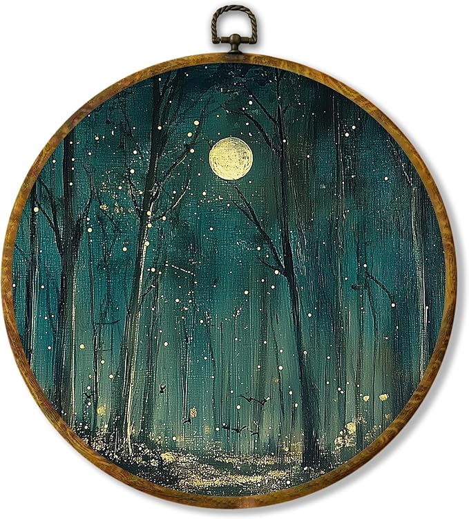 Hiuwevt Vintage Dark Academia Forest Round Wall Art Decor, Moody Forest Landscape Framed Canvas Prints, Goblincore Full Moon Round Wall Hanging Decor for Home Living Room Decorations, 10x10 Inches
