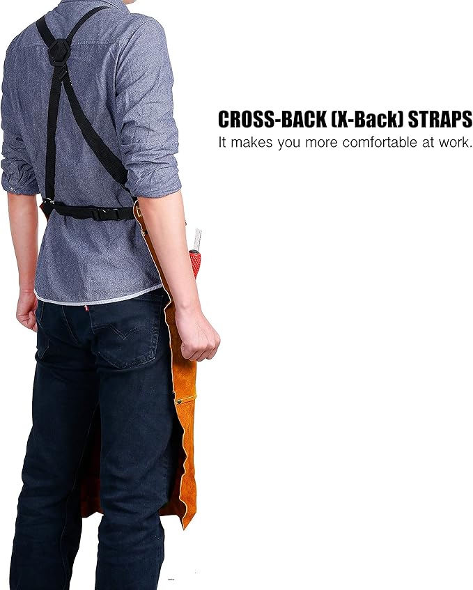QeeLink Leather Welding Work Apron with 6 Tool Pockets, Heat & Flame Resistant Welder Aprons, 24" x 36", Adjustable M to XXXL