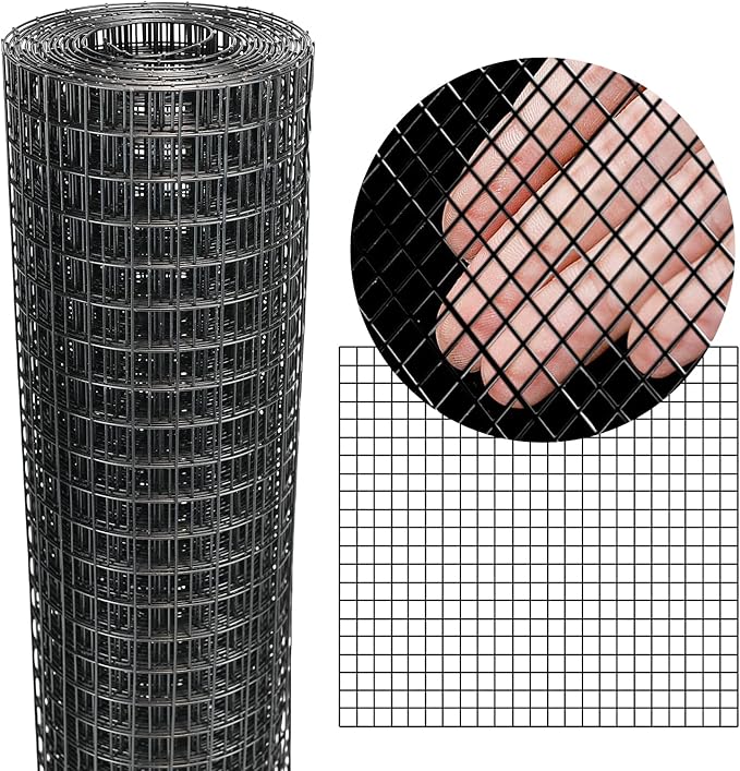 Black Hardware Cloth 16'' x 10' PVC Steel Vinyl Coated 1/2 inch Galvanized Wire Mesh Roll (19 GA) Chicken Wire Fence Roll, for coop Fences,Screen mesh, Rabbit/Snake Fences, Poultry enclosures, etc.