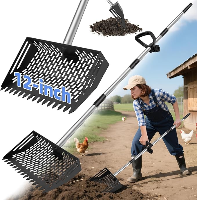 Chicken Poop Scooper & Rake 2-in-1, 4 in 1 Stainless Steel Handle 12 in Chicken Coop Pooper Shovel (23 to 62"), for Animal Sheds, Trash Scoop with Ergonomic Handle, Scooper Sand Sifting Shovel