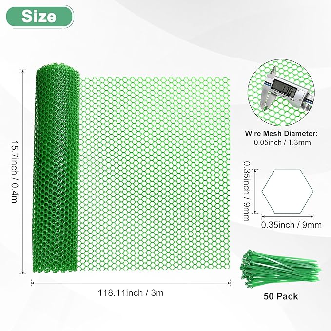 1-Pack Floral Chicken Wire Mesh, 15.7 in x 9.8 ft Plastic Hexagonal Chicken Wire Fencing with 50 Garden Ties for Crafts/Poultry Netting/Garden/Plant Protection [Green]
