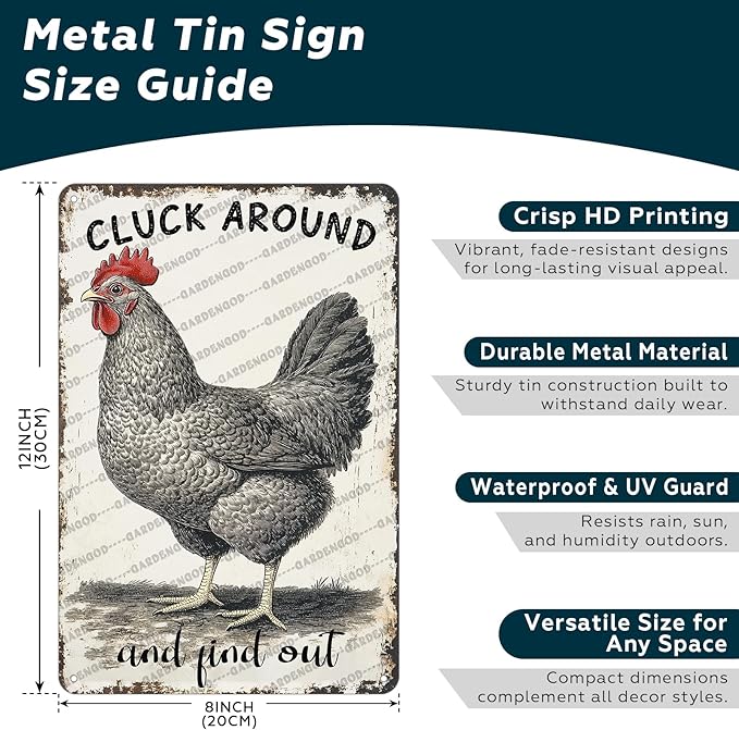 Cluck Around And Find Out Chicken Tin Sign For Chicken Coop Home Yard Outdoor Chickens Plaque Wall Decor Art 12x8 Inch