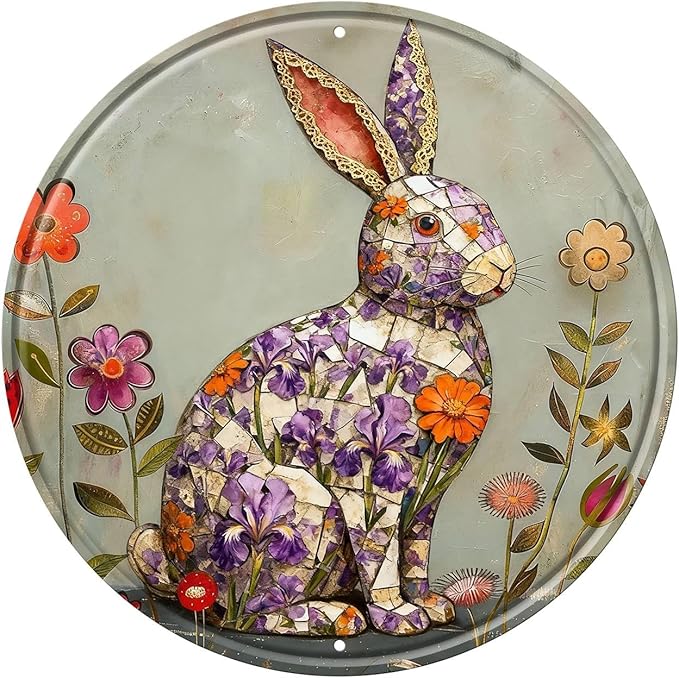 Rabbit Round Metal Tin Sign Wreath Farm Flowers Rustic Vintage Wall Art Decor for Home Garden Porch Yard Farmhouse Outdoor Decor 8x8inch