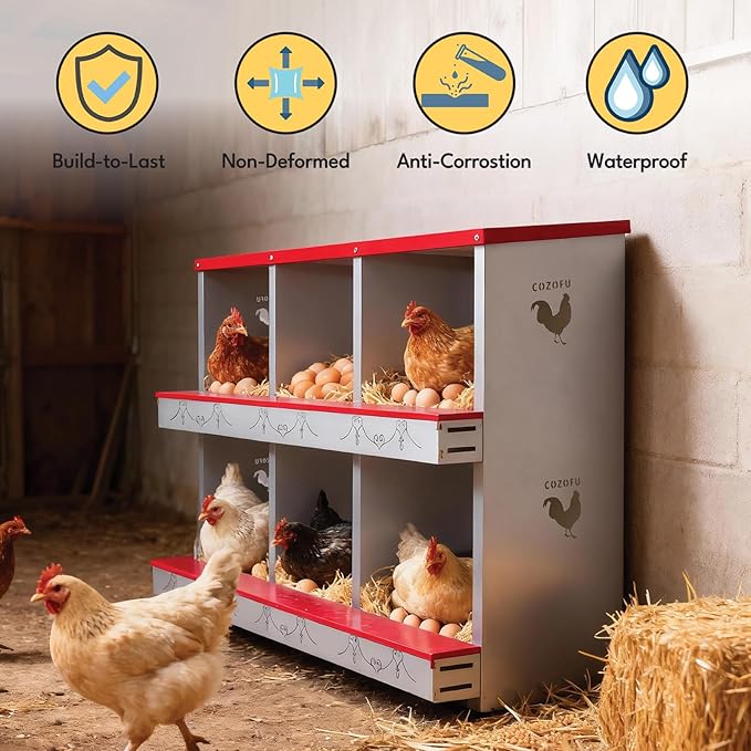 6 Hole Chicken Nesting Box for Laying Hens - Automatic Rollout Egg Collection, Heavy Duty Metal Nesting Boxes with Swing Perch for Chicken Coops, Secure & Easy Clean Poultry Nest Box