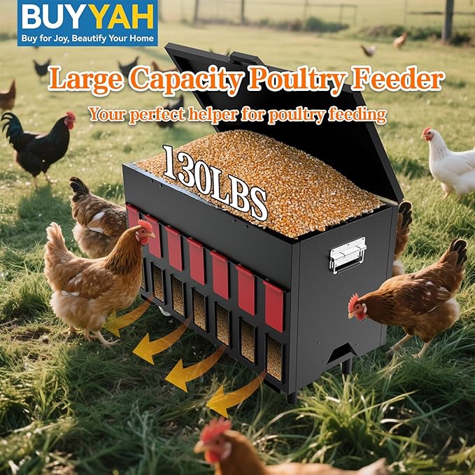 Automatic Chicken Feeder, 130lbs Capacity, 14 Ports Portable Poultry Feeder, Waterproof Metal Chicken Feeder, Suitable for Geese, Ducks, Turkeys, Quails
