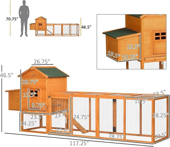 PawHut 118" Extra Large Chicken Coop with Asphalt Roof, Wooden Hen Run with Slide-Out Tray and Nesting Box, Chicken Hutch for 3-6 Chickens, Orange