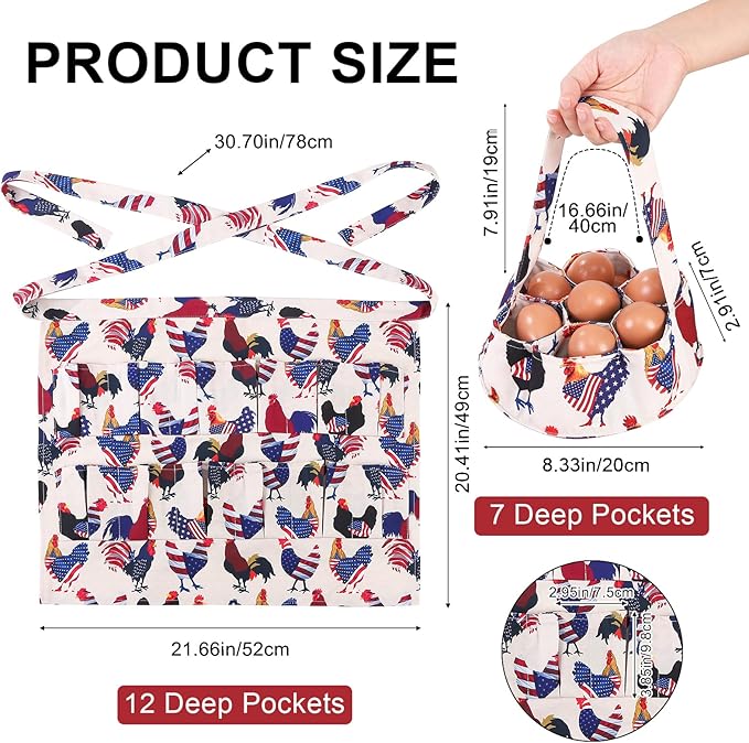 Egg Collecting Apron and Basket, 12 Pouches Chicken Egg Apron, 7 Pouches Chicken Eggs Basket, Collector Chicken Eggs