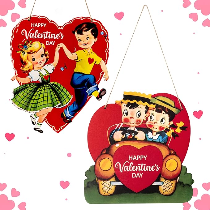 Laffact Vintage Valentine Door Sign - 2Pcs Red Heart Boy Girl Happy Valentine’s Day Door Sign Rustic Farmhouse Hanging Wooden Signs Wall Plaque Retro Valentine Sweet Decor for Home Front Door Window