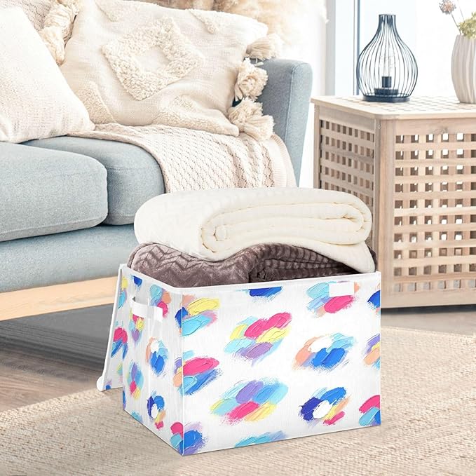 Colorful Brushstroke Pattern Storage Bins with Lids Foldable Storage Basket with Handles Collapsible Large Fabric Organizer Containers for Clothes Shelves Closet Office Home