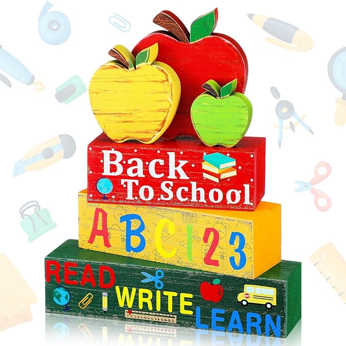 Geelin 4 Pcs Back to School Wooden Decor Apple Tiered Tray Decor Mini Wood Book Stacks Pencil Decorative Books Rustic Farmhouse Signs with Tag for Tiered Tray First Day of School Students