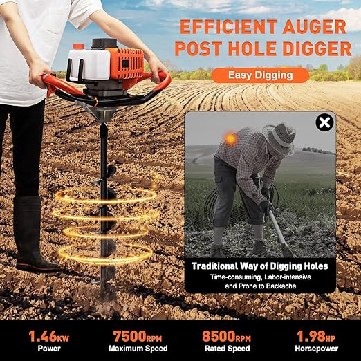 52CC Post Hole Digger Gas Powered, 1.98HP 2 Stroke Auger Post Hole Digger with 3 Drill Bits (4"/6"/8") + 1 Extension Rod for Planting - Ideal for Farm & Garden - Orange-[Arrives in Two Boxes]