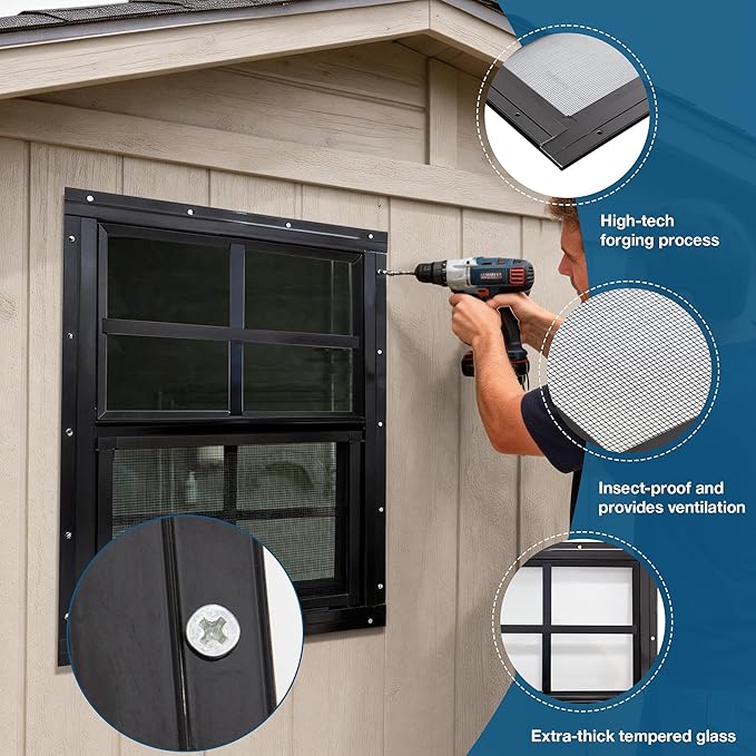 Yuzzy Shed Windows 2 Pack, Chicken Coop Windows 24" x 24" with Tempered Glass and Fiberglass Screen, Flush Mounted Small Window for Shed, Barns, Playhouse, Household, Garage (Black)